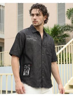 Bewakoof - Men Jet Black Applique Washed Oversized Denim Shirt