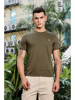Parcel Yard - Olive Men Crew Neck Solid Regular Fit Cotton T-Shirt