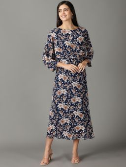 SHOWOFF - Womens Printed Boat Neck Navy Blue Midi Dress