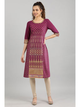 Aurelia - Purple Geometric Print Straight Kurta in Round Neck