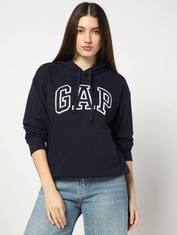 GAP - Women Navy Blue Logo Relaxed Fit Hooded Hoodie
