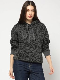 GAP - Women Charcoal Leopard Relaxed Fit Hooded Hoodie