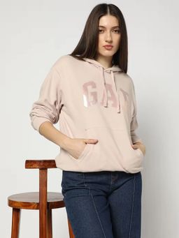 GAP - Women Peach Embroidered Logo Relaxed Fit Hooded Hoodie