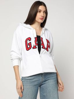 GAP - Women White Applique Logo Zip-Front Drop-Shoulder Hooded Hoodie