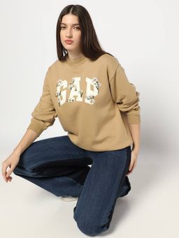 GAP - Women Beige Logo Relaxed Fit Drop-Shoulder Sweatshirt