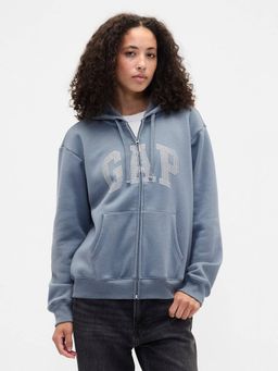 GAP - Women Blue Embellished Logo Zip-Front Hooded Hoodie