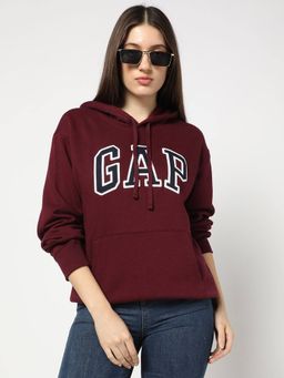 GAP - Women Maroon Logo Relaxed Fit Hoodie