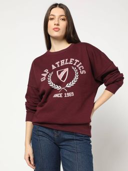 GAP - Women Maroon Graphic Relaxed Fit Drop-Shoulder Crew Neck Sweatshirt