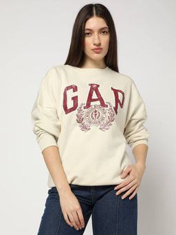 GAP - Women Cream Logo Relaxed Fit Drop-Shoulder Crew Neck Sweatshirt