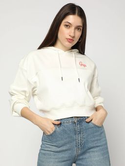 GAP - Women Off White Logo Drop-Shoulder Relaxed Hooded Hoodie