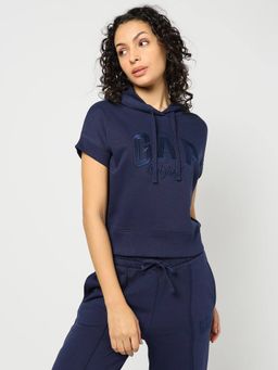 GAP - Women Navy Blue Embroidered Logo Relaxed Fit Hooded Hoodie