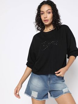 GAP - Women Black Logo Relaxed Fit Crew Neck Sweatshirt