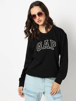 GAP - Women Black Embroidered Logo Crew Neck Sweatshirt