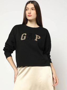 GAP - Women Black Embellished Logo Crew Neck Sweatshirt