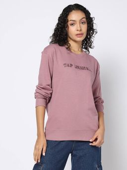 GAP - Women Mauve Sequined Logo Crew Neck Sweatshirt