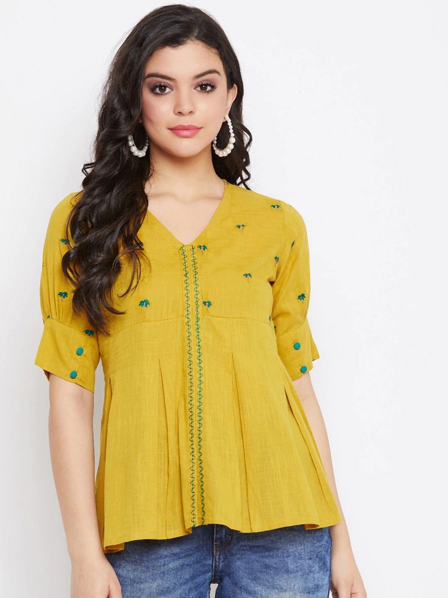 winered Mustard Women Embroidered Box Pleated Top-picture-36