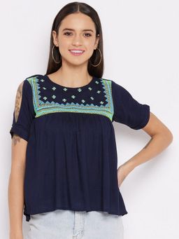 WineRed - Women Navy Blue Rayon Embroidered Yoke A-Line Top