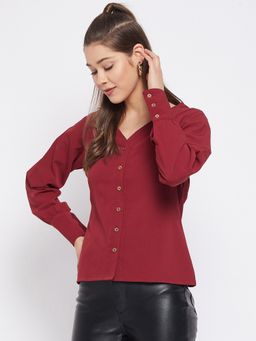 WineRed - Women Maroon V-Neck Button Up Shirt