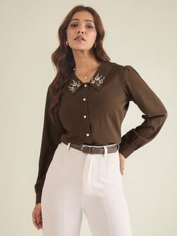 WineRed - Women Brown Collared Contrast Embroidery Shirt