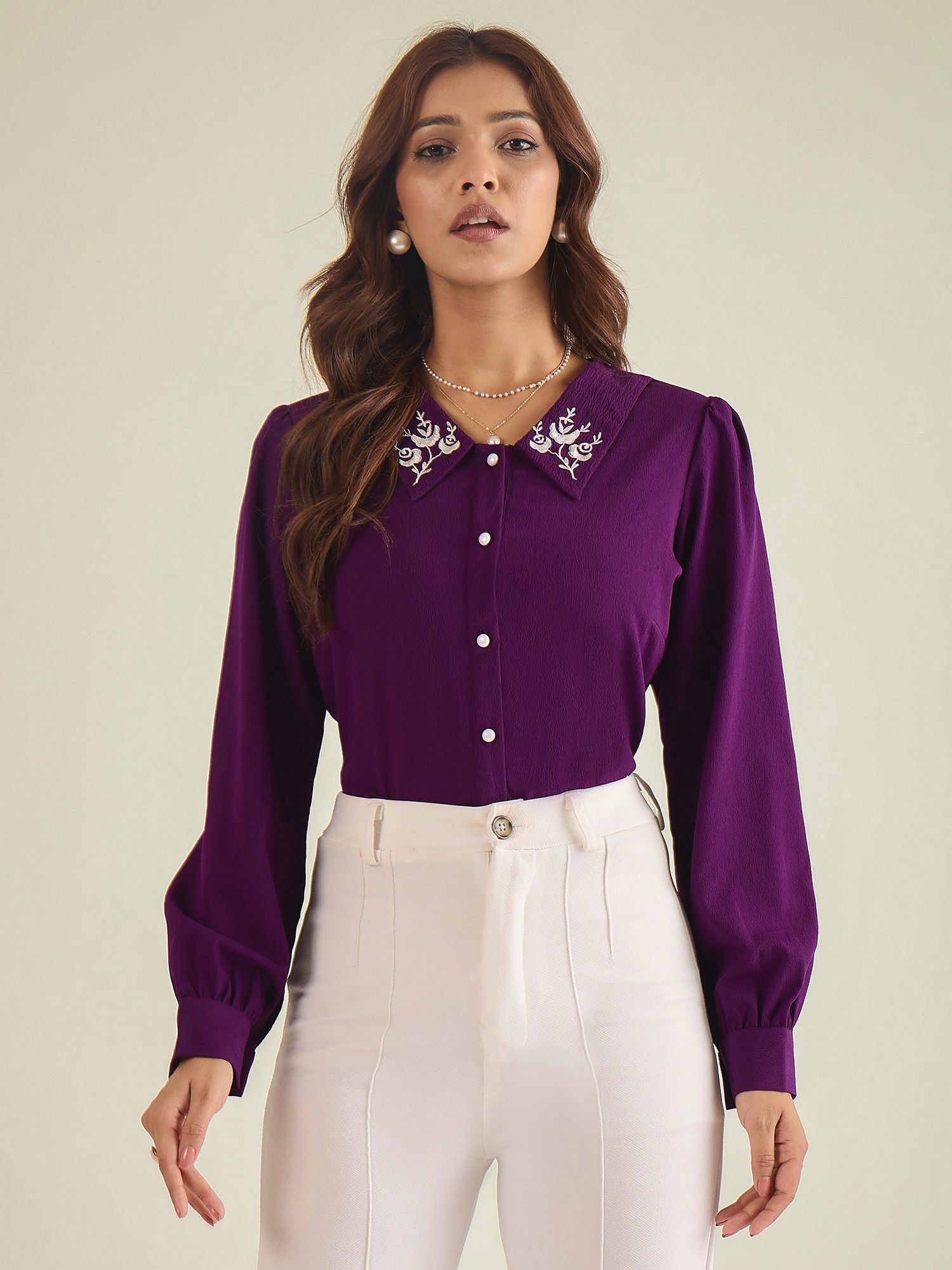 winered Women Purple Collared Contrast Embroidery Shirt-picture-23