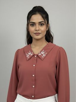 WineRed - Women Pink Collared with Contrast Embroidery Shirt