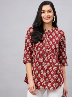WineRed - Woman Maroon Floral Print Front Opening Shirt