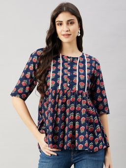 WineRed - Women Blue Floral Print Yoke Lace Top
