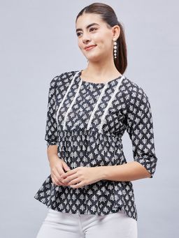 WineRed - Women Black and White Printed Yoke Lace Top
