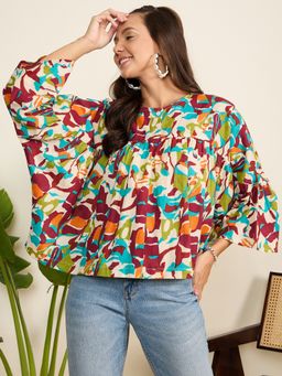 WineRed - Women Multi-Colored Abstract Print Flared Crop Top