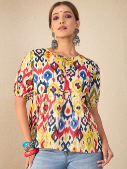 WineRed - Multi-Color Women Cotton Multicolor Peplum Bow Detailed Top