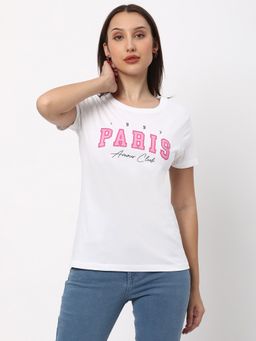 R&B - White Cotton Regular Fit Round Neck Typography Printed Women T-Shirt