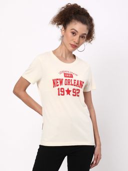 R&B - Off White Cotton Regular Fit Round Neck Typographic Printed Women T-Shirt