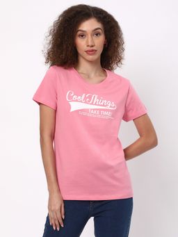 R&B - Pink Cotton Regular Fit Round Neck Typographic Printed Women T-Shirt