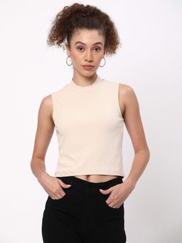 R&B - Women Textured Beige Fitted Crop Top