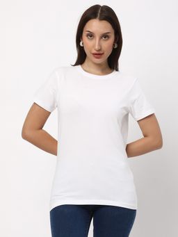 R&B - Ivory Cotton Blend Regular Fit Round Neck Solid Women T-Shirt
