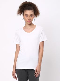 R&B - White Cotton Blend Regular Fit V-Neck Solid Women T-Shirt