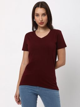 R&B - Wine Cotton Blend Regular Fit V-Neck Solid Women T-Shirt