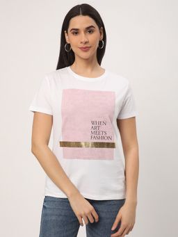 R&B - White Cotton Regular Fit Round Neck Typographic Printed Women T-Shirt