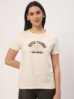 R&B - Off White Cotton Regular Fit Round Neck Embroidered Women T-Shirt