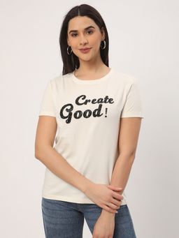 R&B - White Cotton Regular Fit Crew Neck Embellished Women T-Shirt