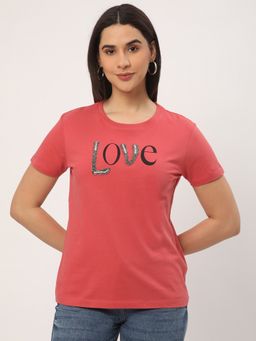 R&B - Red Cotton Regular Fit Round Neck Embellished Women T-Shirt