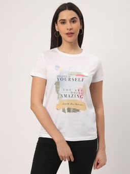 R&B - White Cotton Regular Fit Round Neck Typographic Printed Women T-Shirt