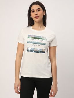 R&B - Off White Cotton Regular Fit Round Neck Sequined Women T-Shirt