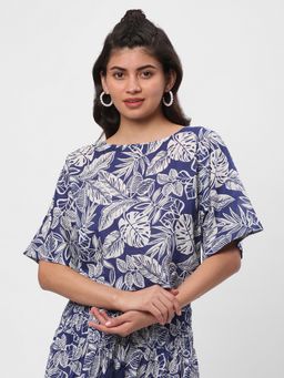 R&B - Cotton Relaxed Fit Floral Printed Boat Neck Women Blue Crop Top