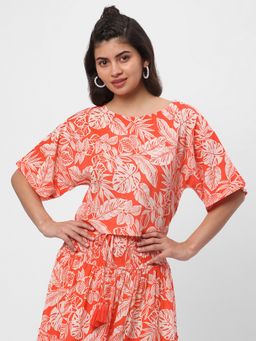 R&B - Cotton Relaxed Fit Floral Printed Boat Neck Women Orange Crop Top