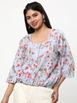 R&B - Polyester Blouse Floral Print Blue Women Top