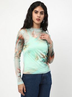R&B - Women Green Abstract Fitted Top