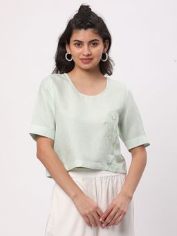 R&B - Polyester Blend Green Boxy Embroidered Ruffled Hem Women Crop Top