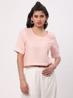 R&B - Polyester Blend Peach Boxy Embroidered Ruffled Hem Women Crop Top