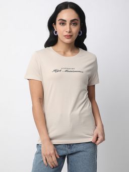 R&B - Beige Cotton Regular Fit Crew Neck Typographic Printed Women T-Shirt